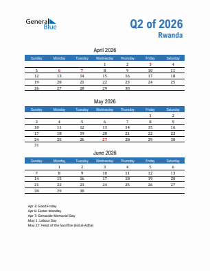 Rwanda Quarter 2  2026 calendar template