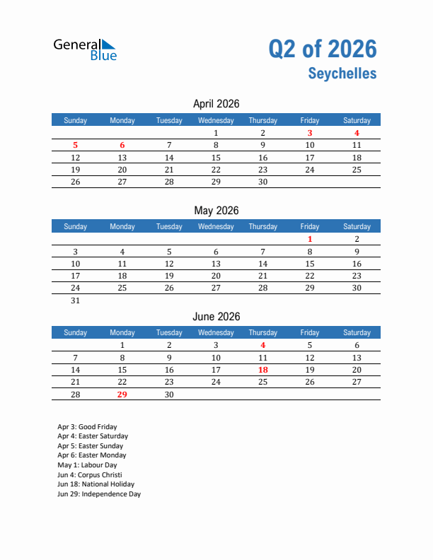 Seychelles Q2 2026 Quarterly Calendar with Sunday Start