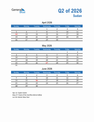 Sudan Quarter 2  2026 calendar template