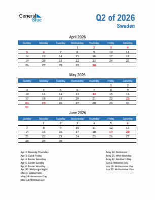 Sweden Quarter 2  2026 calendar template