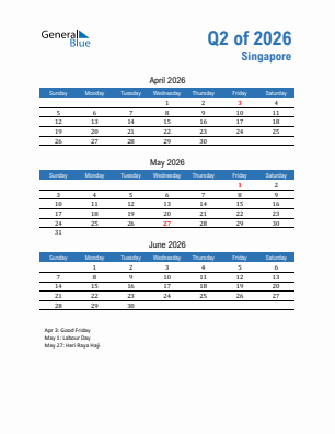 Singapore Quarter 2  2026 calendar template