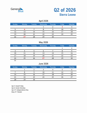 Sierra Leone Quarter 2  2026 calendar template