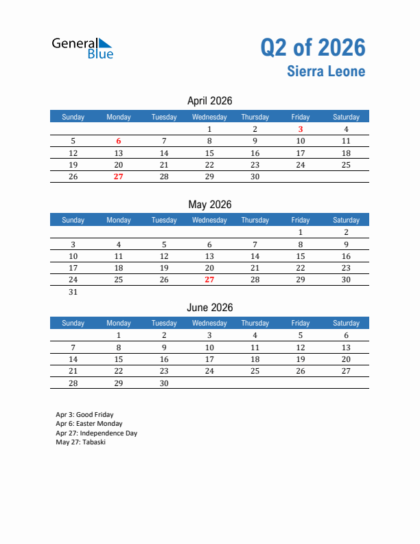 Sierra Leone Q2 2026 Quarterly Calendar with Sunday Start