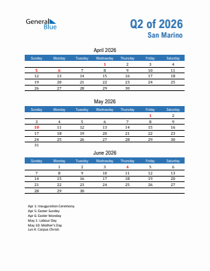 San Marino Quarter 2  2026 calendar template