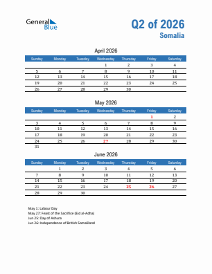 Somalia Quarter 2  2026 calendar template