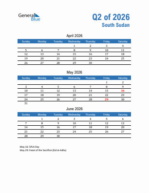 South Sudan Quarter 2  2026 calendar template