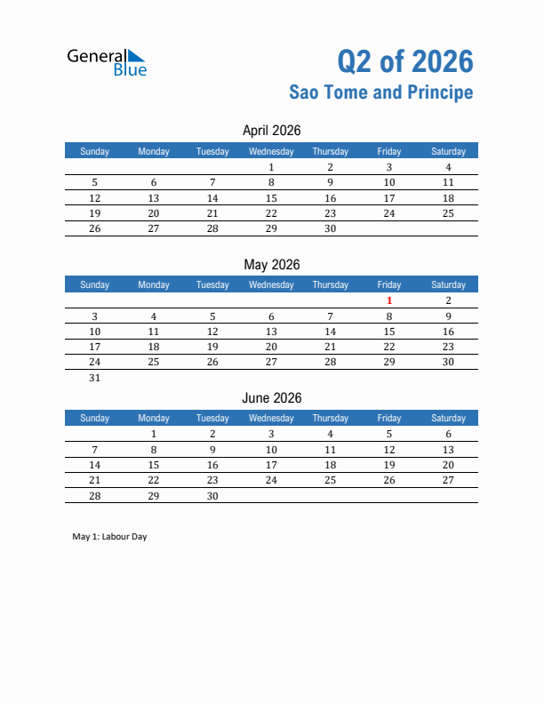 Sao Tome and Principe Q2 2026 Quarterly Calendar with Sunday Start
