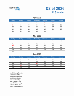 El Salvador Quarter 2  2026 calendar template