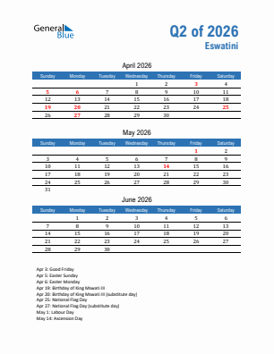Eswatini Quarter 2  2026 calendar template
