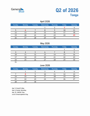 Tonga Quarter 2  2026 calendar template