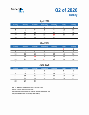 Turkey Quarter 2  2026 calendar template