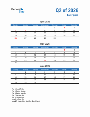 Tanzania Quarter 2  2026 calendar template