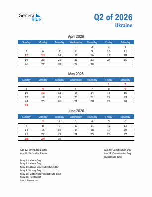 Ukraine Quarter 2  2026 calendar template