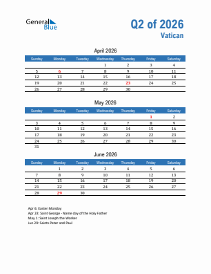 Vatican Quarter 2  2026 calendar template