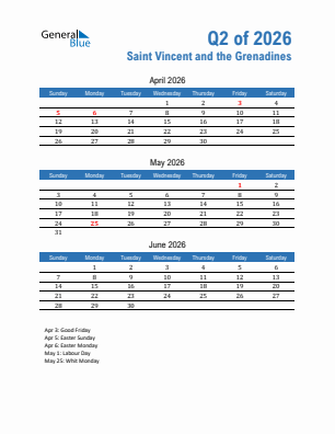 Saint Vincent and the Grenadines Quarter 2  2026 calendar template
