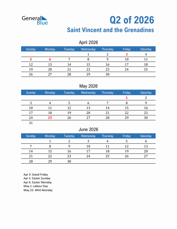 Saint Vincent and the Grenadines Q2 2026 Quarterly Calendar with Sunday Start