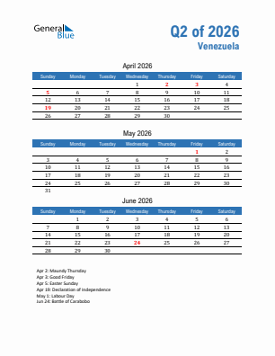 Venezuela Quarter 2  2026 calendar template