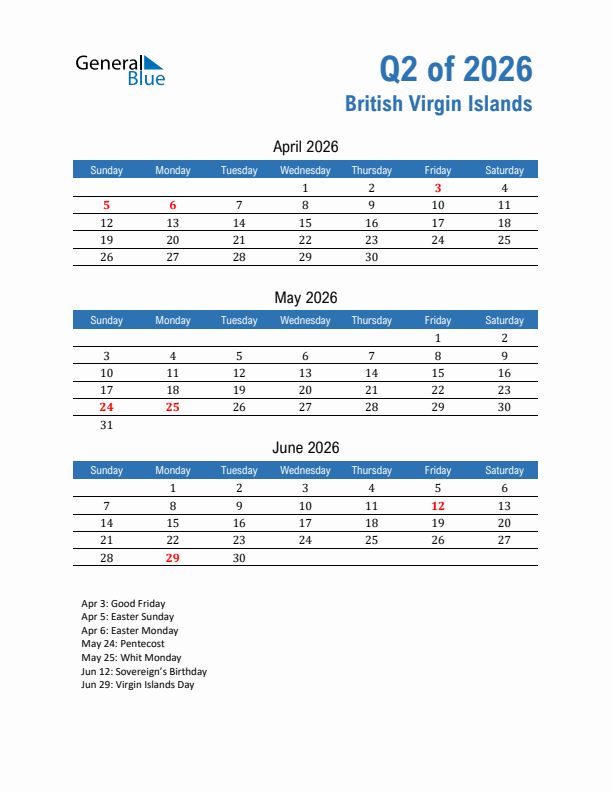 British Virgin Islands Q2 2026 Quarterly Calendar with Sunday Start