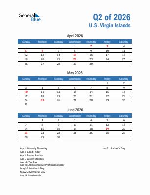 U.S. Virgin Islands Quarter 2  2026 calendar template
