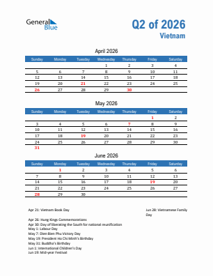 Vietnam Quarter 2  2026 calendar template