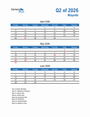 Mayotte Quarter 2  2026 calendar template