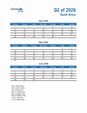 South Africa Quarter 2  2026 calendar template