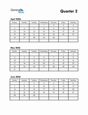 Quarter 2  2026 calendar template