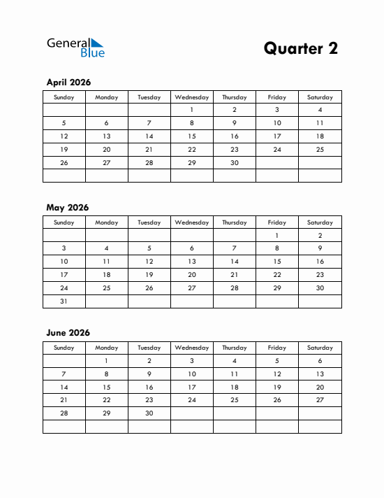 Quarter 2 2026 calendar template