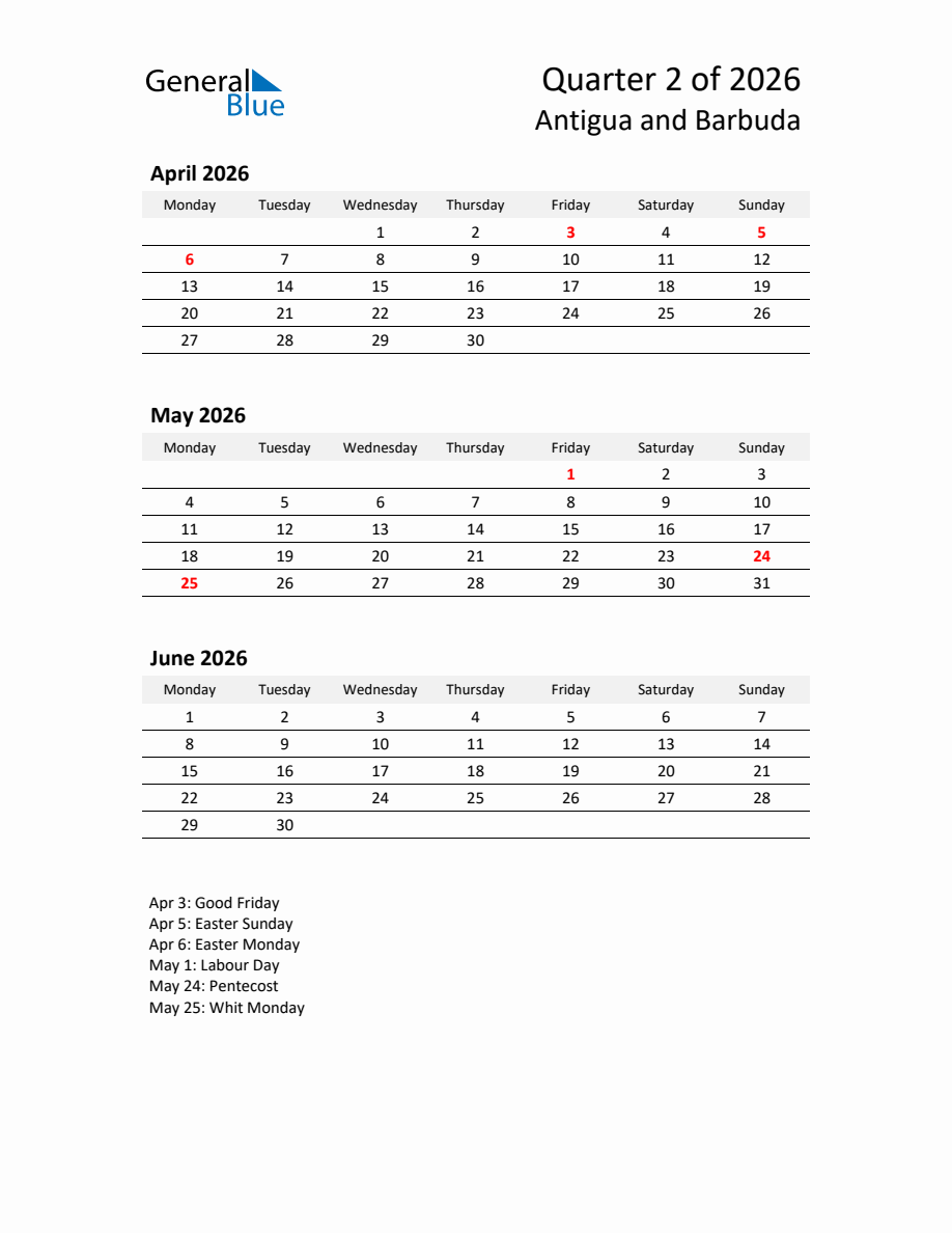 2026 ThreeMonth Calendar for Antigua and Barbuda