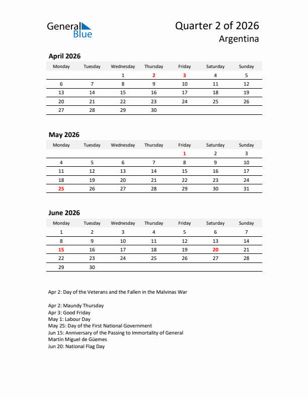 2026 Q2 Three-Month Calendar for Argentina