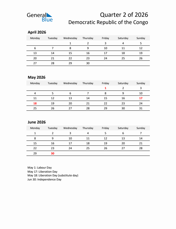 2026 Q2 Three-Month Calendar for Democratic Republic of the Congo