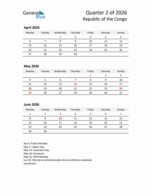 2026 Q2 Three-Month Calendar for Republic of the Congo