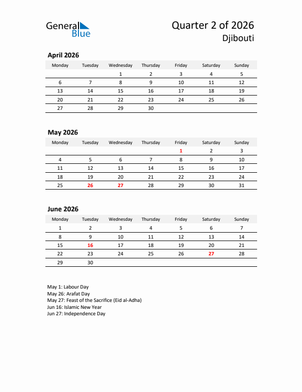 2026 Q2 Three-Month Calendar for Djibouti