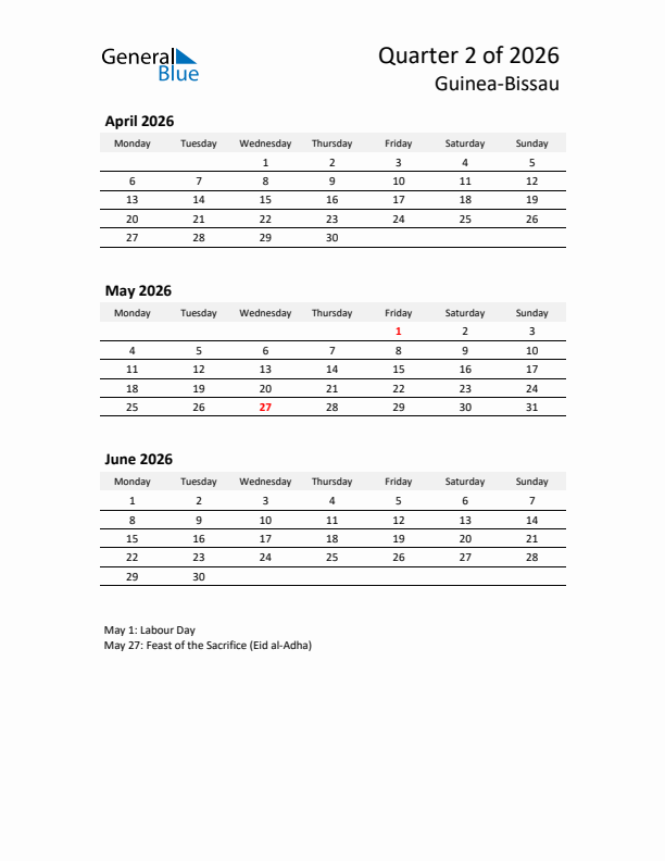 2026 Q2 Three-Month Calendar for Guinea-Bissau