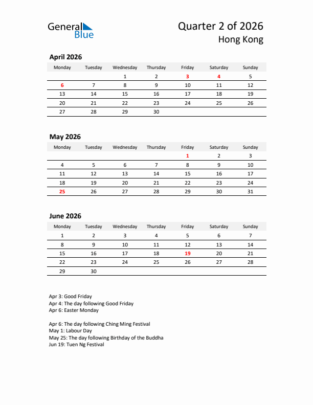2026 Q2 Three-Month Calendar for Hong Kong