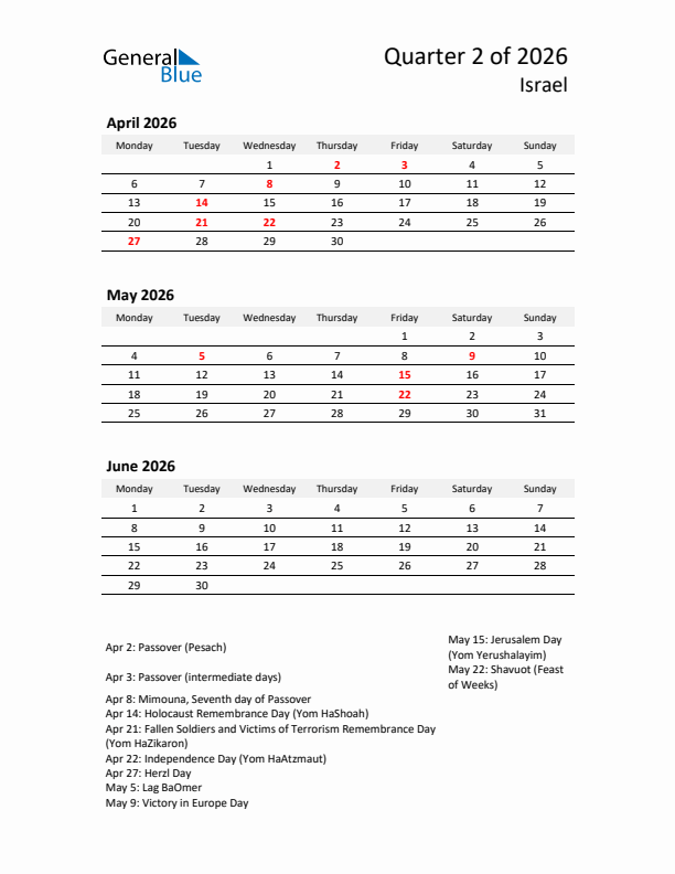 2026 Q2 Three-Month Calendar for Israel