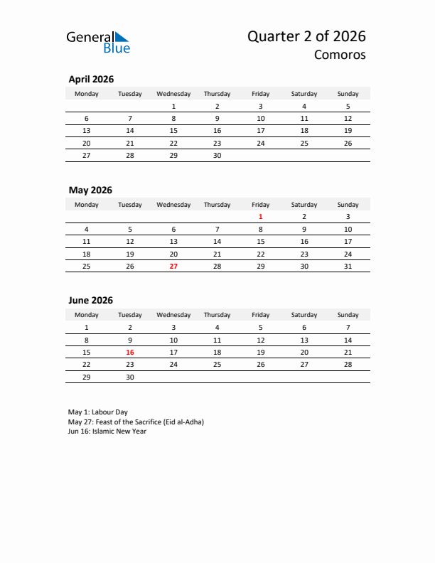 2026 Q2 Three-Month Calendar for Comoros