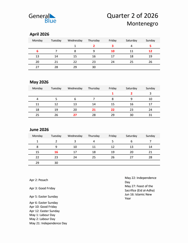 2026 Q2 Three-Month Calendar for Montenegro