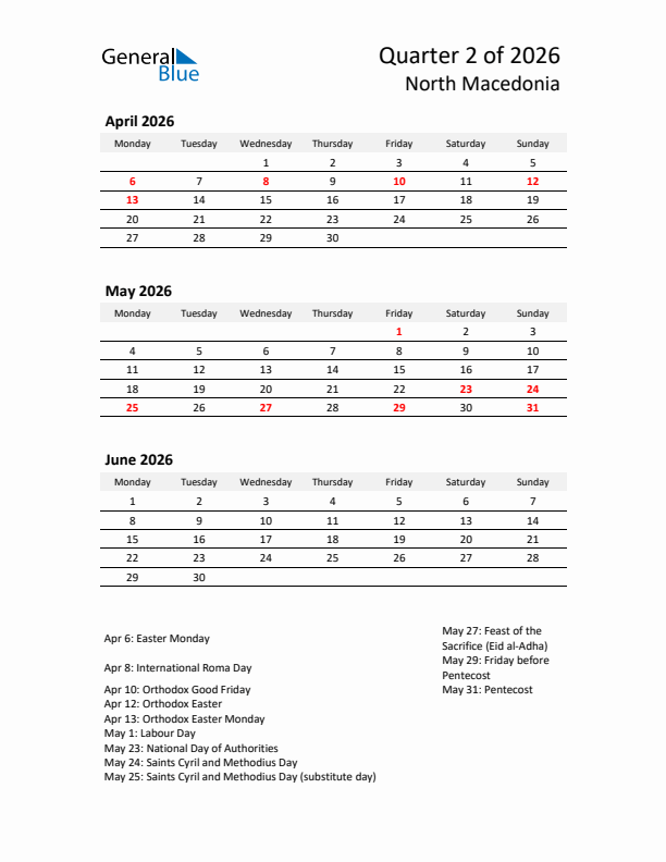 2026 Q2 Three-Month Calendar for North Macedonia