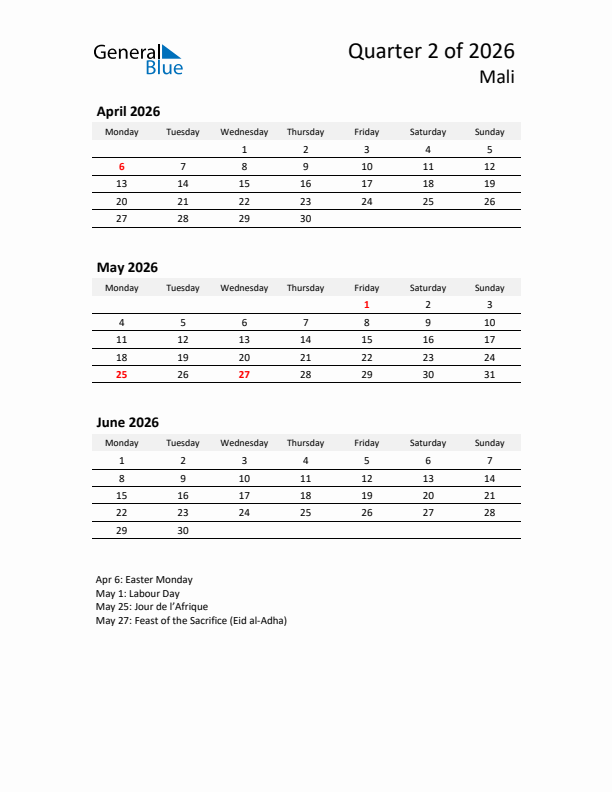 2026 Q2 Three-Month Calendar for Mali