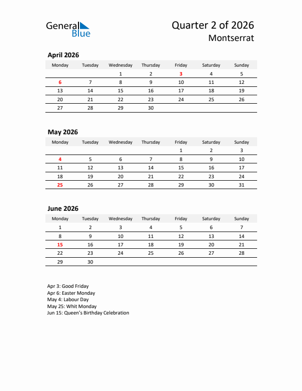 2026 Q2 Three-Month Calendar for Montserrat
