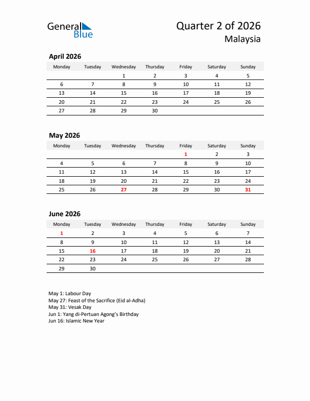 2026 Q2 Three-Month Calendar for Malaysia