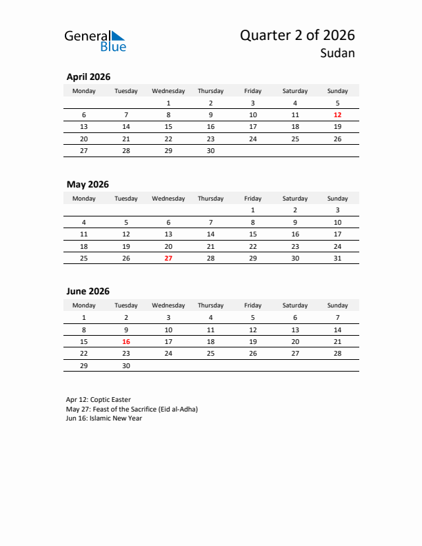 2026 Q2 Three-Month Calendar for Sudan