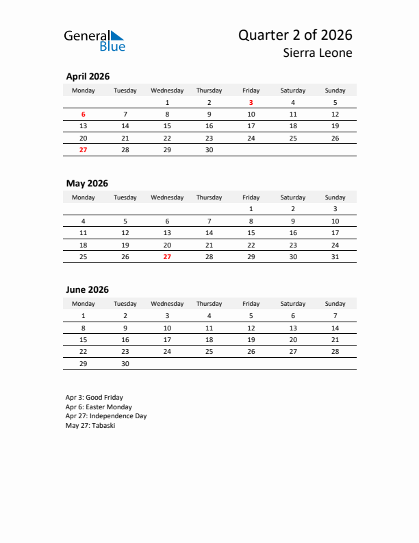 2026 Q2 Three-Month Calendar for Sierra Leone