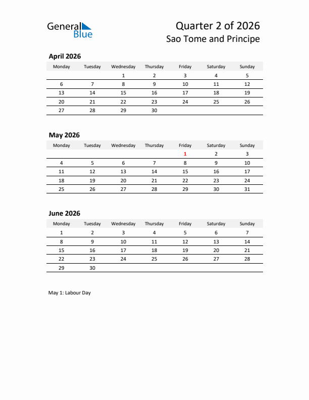 2026 Q2 Three-Month Calendar for Sao Tome and Principe