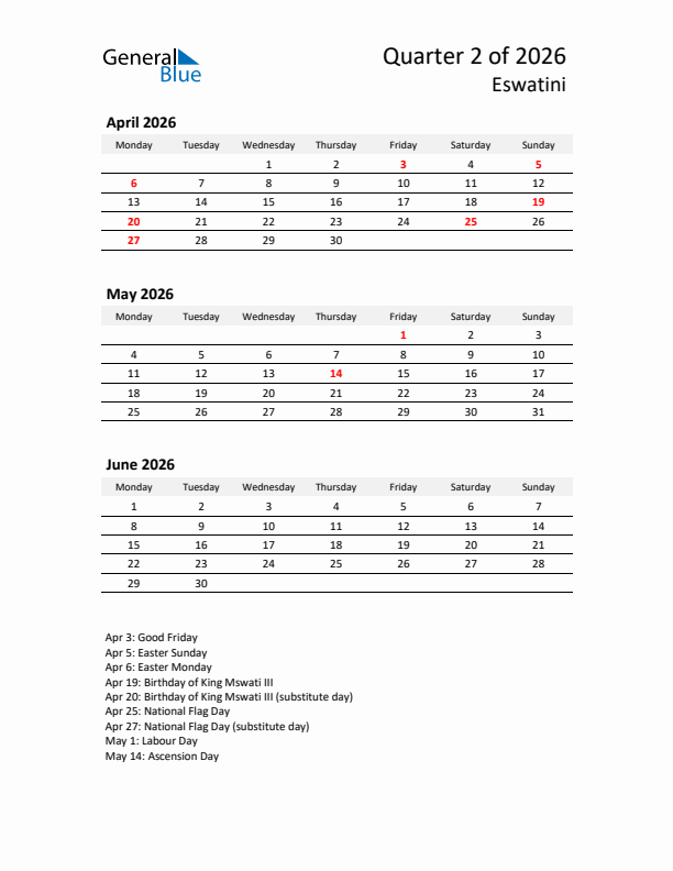 2026 Q2 Three-Month Calendar for Eswatini