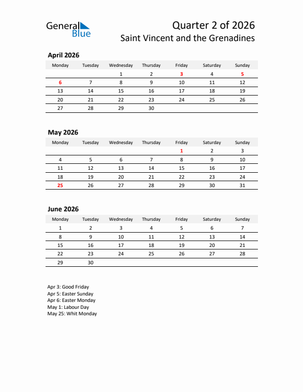 2026 Q2 Three-Month Calendar for Saint Vincent and the Grenadines