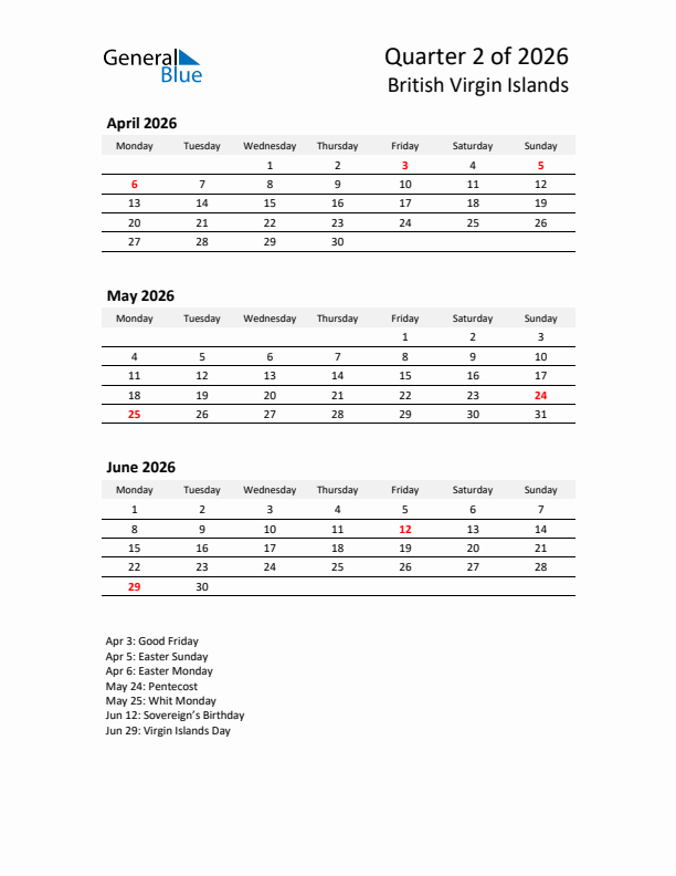 2026 Q2 Three-Month Calendar for British Virgin Islands