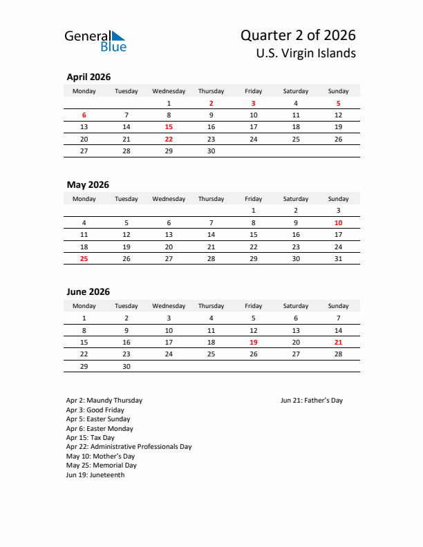 2026 Q2 Three-Month Calendar for U.S. Virgin Islands