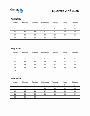 Quarter 2  2026 calendar template